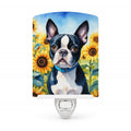 Boston Terrier in Sunflowers Ceramic Night Light Compact, UL-Certified, Ideal for Bedroom, Bathroom, Nursery, Hallway, Kitchen, 6x4x3, Multicolor
