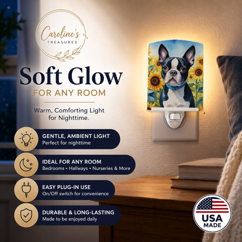 Boston Terrier in Sunflowers Ceramic Night Light Compact, UL-Certified, Ideal for Bedroom, Bathroom, Nursery, Hallway, Kitchen, 6x4x3, Multicolor