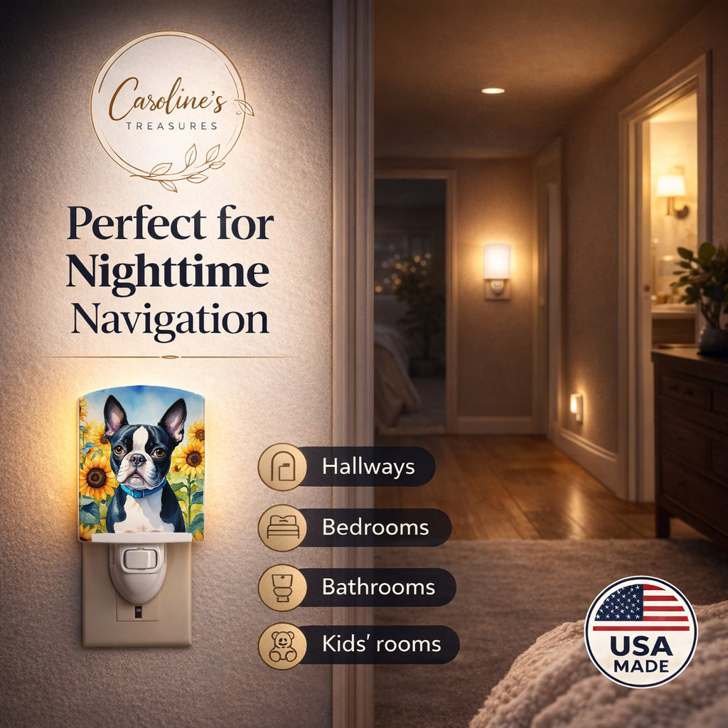 Boston Terrier in Sunflowers Ceramic Night Light Compact, UL-Certified, Ideal for Bedroom, Bathroom, Nursery, Hallway, Kitchen, 6x4x3, Multicolor