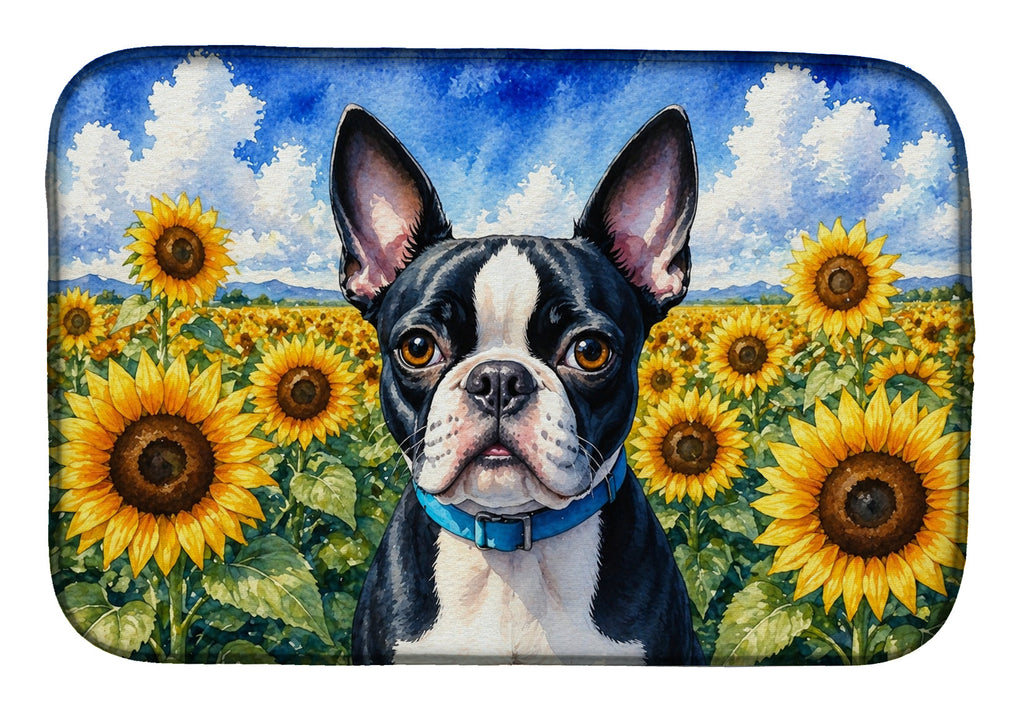 Boston Terrier in Sunflowers Dish Drying Mat Absorbent Dish Drying Mat Pad for Kitchen Counter Dish Drainer Mat for Countertop, 14 x 21", Multicolor