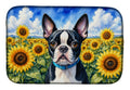 Boston Terrier in Sunflowers Dish Drying Mat Absorbent Dish Drying Mat Pad for Kitchen Counter Dish Drainer Mat for Countertop, 14 x 21", Multicolor