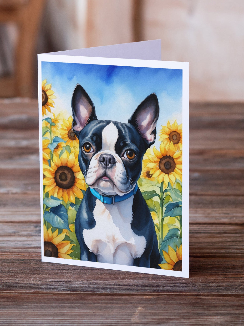 Boston Terrier in Sunflowers Greeting Cards Pack of 8 Blank Cards with Envelopes Whimsical A7 Size 5x7