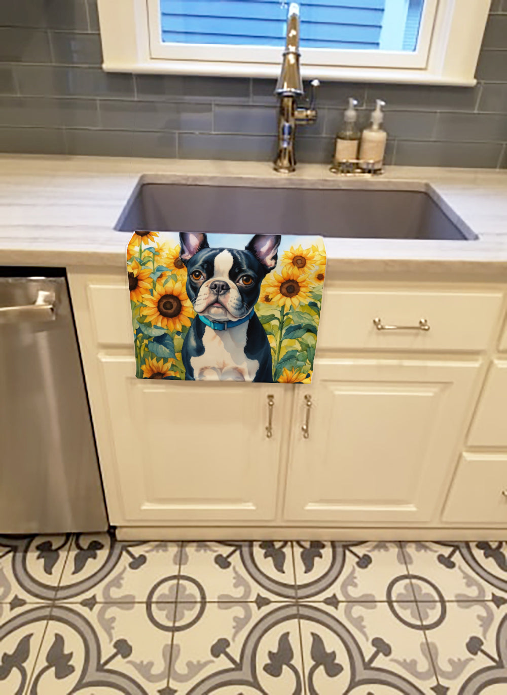 Boston Terrier in Sunflowers Kitchen Towel Velour Plush Front and Cotton Loop Back Machine Washable