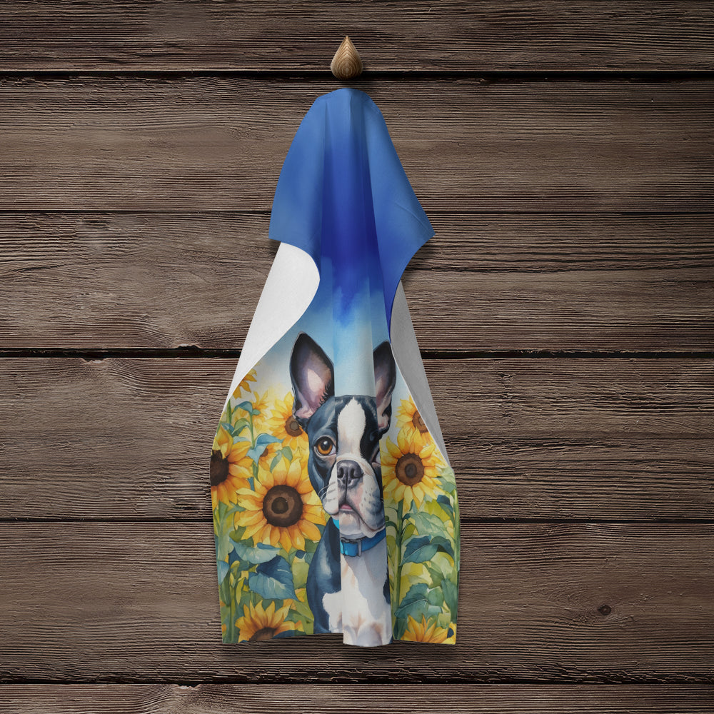 Boston Terrier in Sunflowers Kitchen Towel Velour Plush Front and Cotton Loop Back Machine Washable