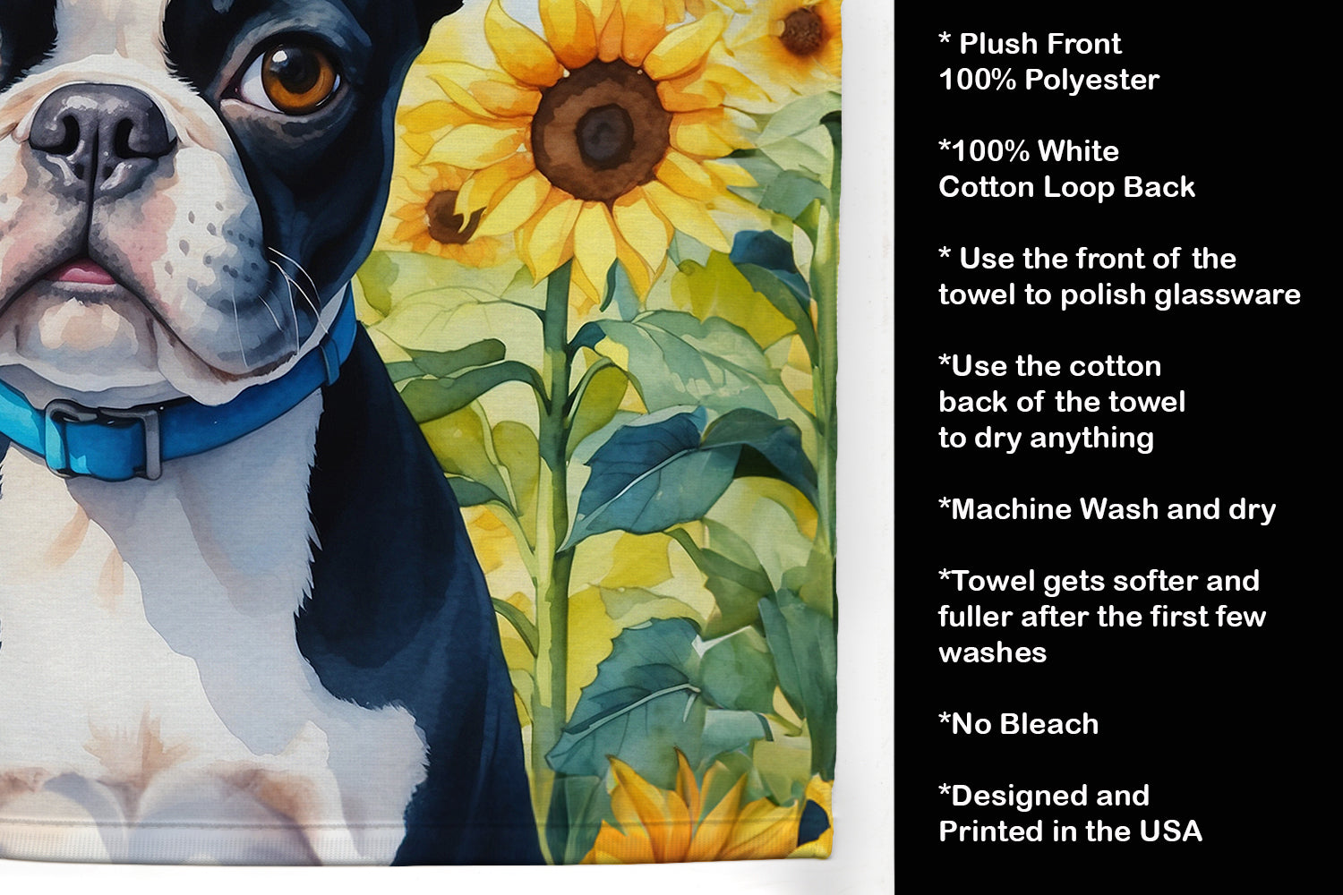 Boston Terrier in Sunflowers Kitchen Towel Velour Plush Front and Cotton Loop Back Machine Washable
