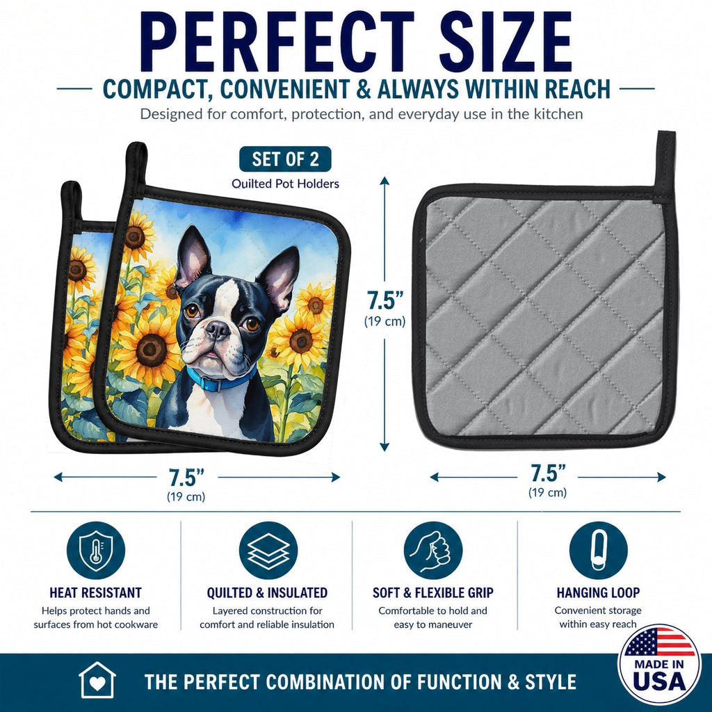 Boston Terrier in Sunflowers Pot Holder Set of 2 Heat Resistant Quilted Hot Pads 7.5 x 7.5 Inch, Insulated Kitchen Trivets for Cooking & Baking