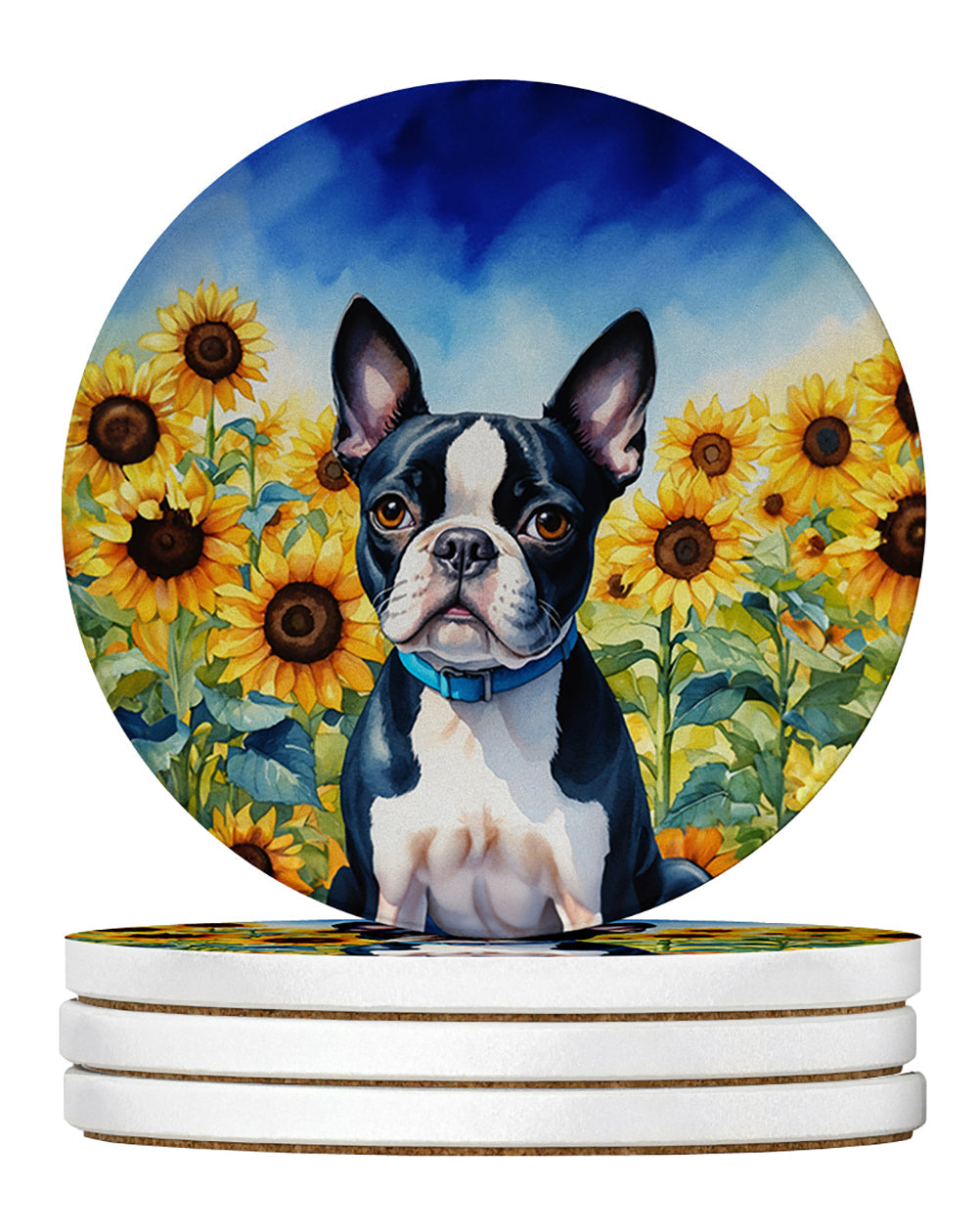 Boston Terrier in Sunflowers Large Sandstone Coasters Pack of 4 Absorbent Round Coasters Decor Gifts for Men or Women, 4 in, Multicolor
