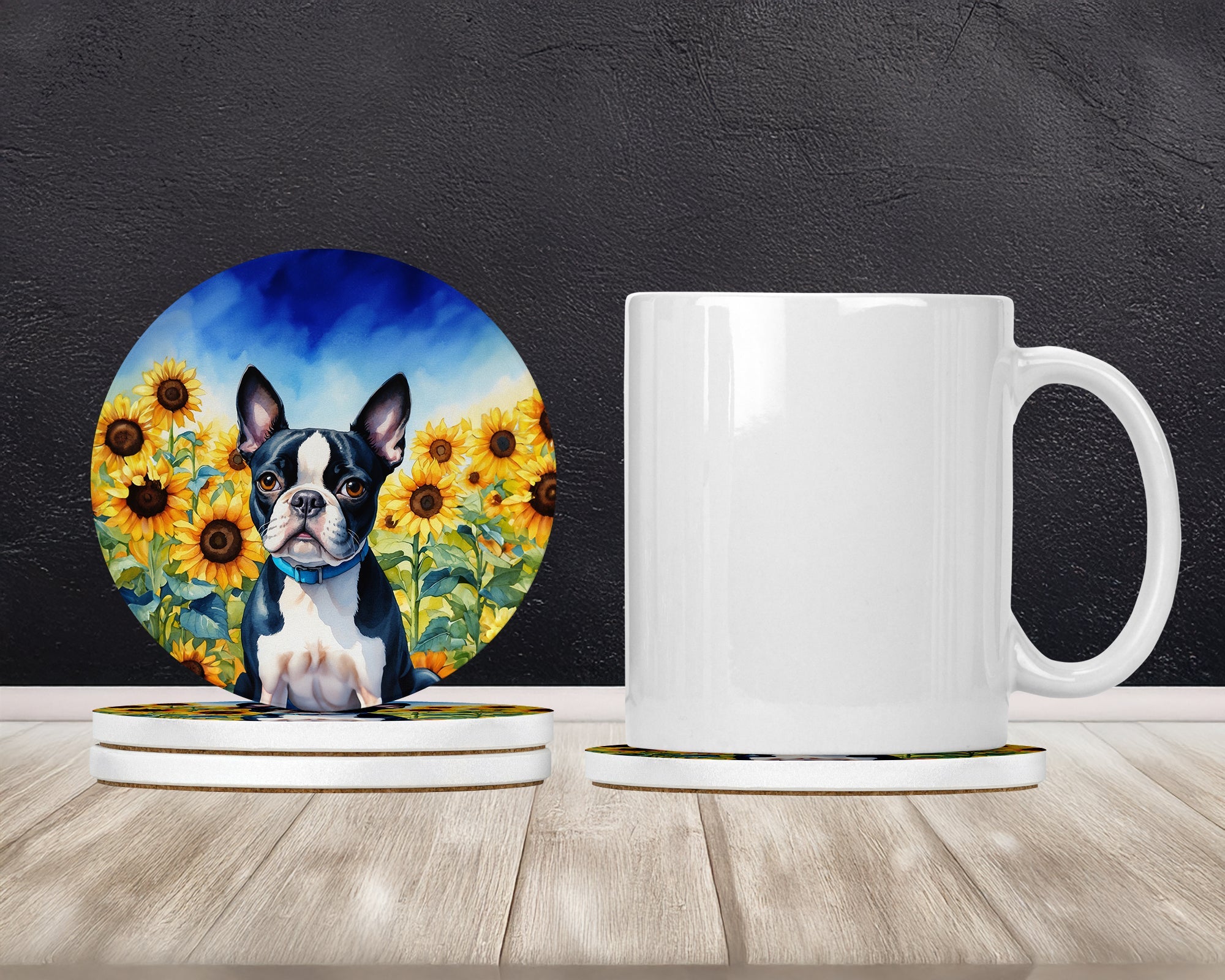 Boston Terrier in Sunflowers Large Sandstone Coasters Pack of 4 Absorbent Round Coasters Decor Gifts for Men or Women, 4 in, Multicolor