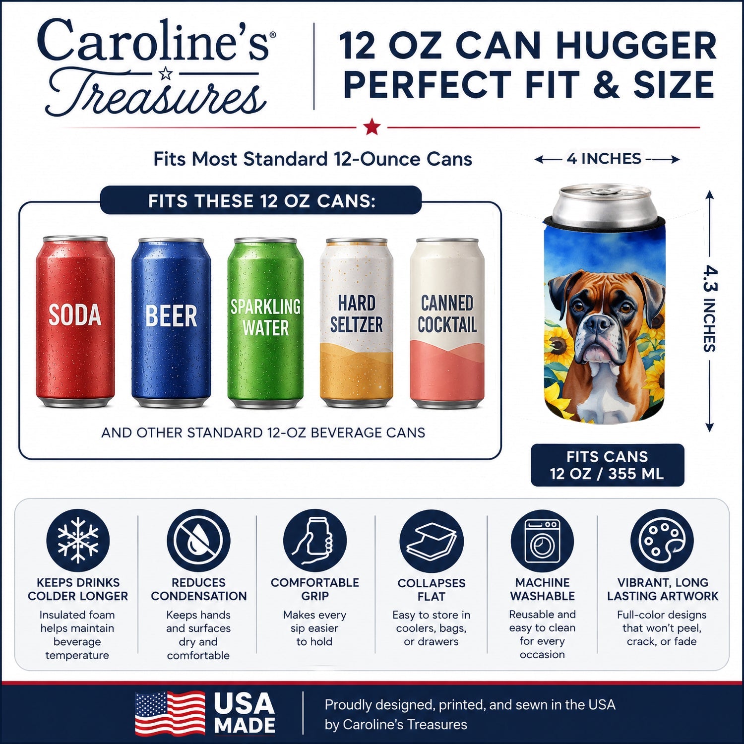 Boxer in Sunflowers Can or Bottle Hugger Cooler Sleeve for Standard 12 oz Cans, Insulated Foam Beer & Soda Can Hugger Reusable