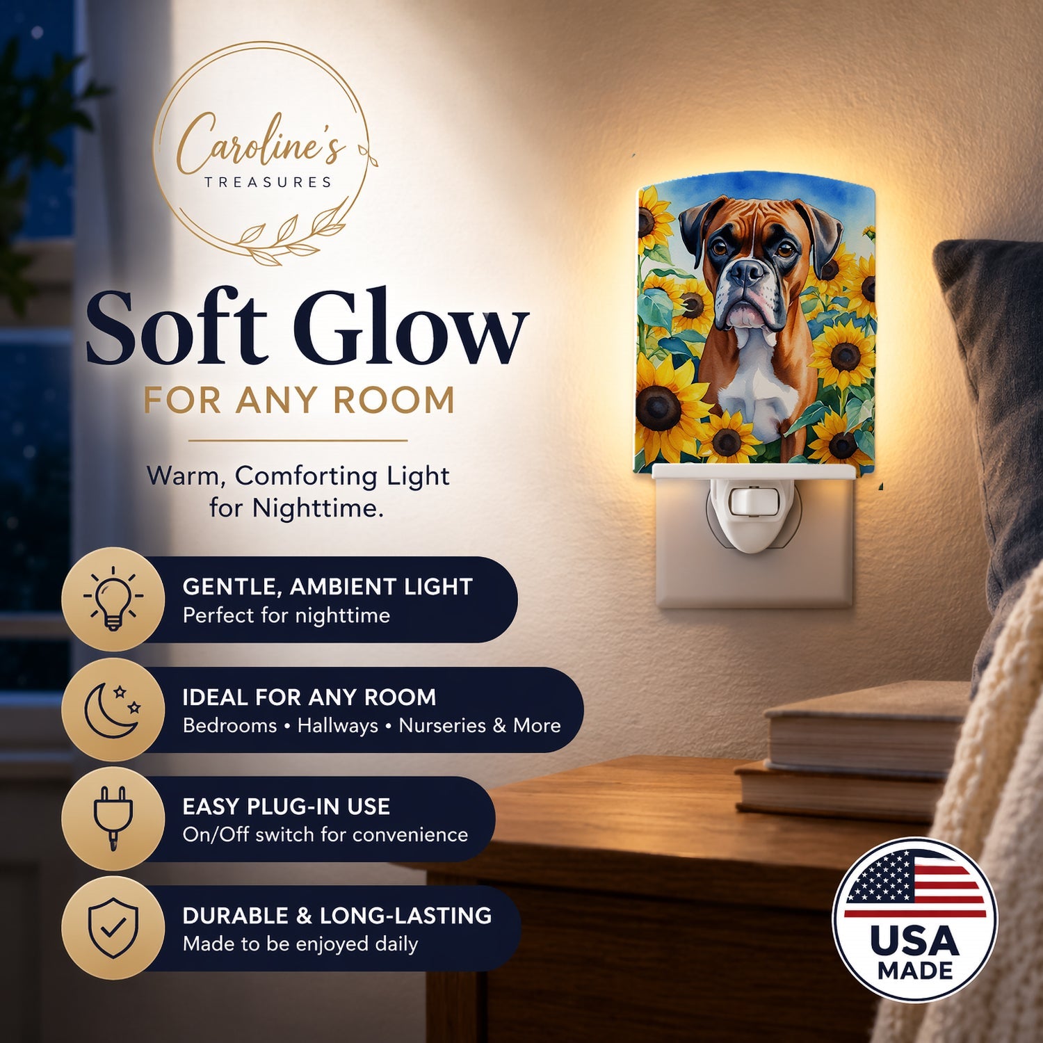 Boxer in Sunflowers Ceramic Night Light Compact, UL-Certified, Ideal for Bedroom, Bathroom, Nursery, Hallway, Kitchen, 6x4x3, Multicolor