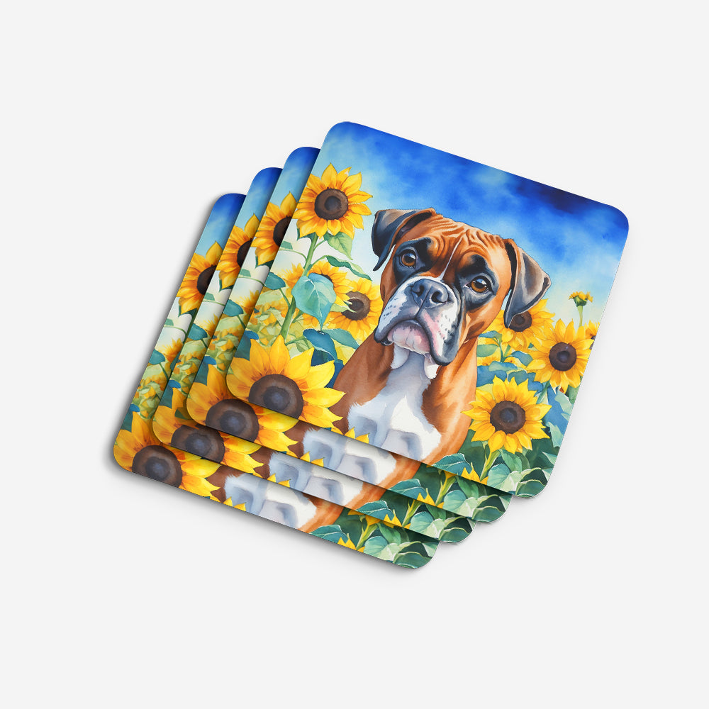 Boxer in Sunflowers Foam Coasters Set of 4 Cup Coasters for Indoor Outdoor, Tabletop Protection, Anti Slip, Mouse pad Material