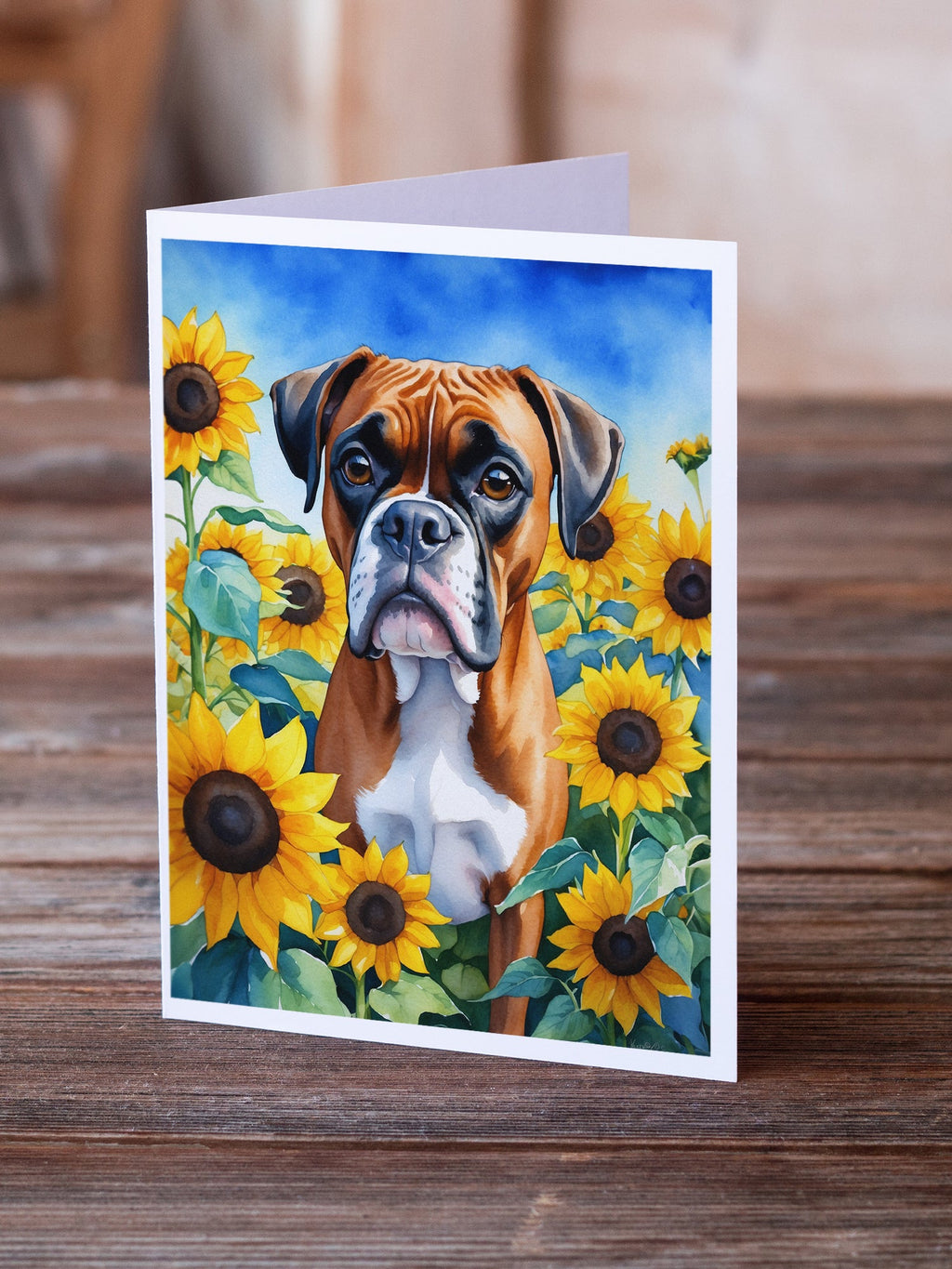 Boxer in Sunflowers Greeting Cards Pack of 8 Blank Cards with Envelopes Whimsical A7 Size 5x7