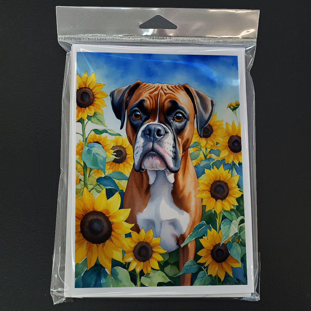Boxer in Sunflowers Greeting Cards Pack of 8 Blank Cards with Envelopes Whimsical A7 Size 5x7