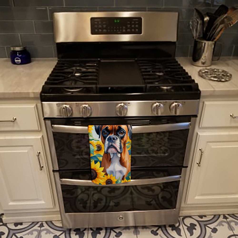 Boxer in Sunflowers Kitchen Towel Velour Plush Front and Cotton Loop Back Machine Washable