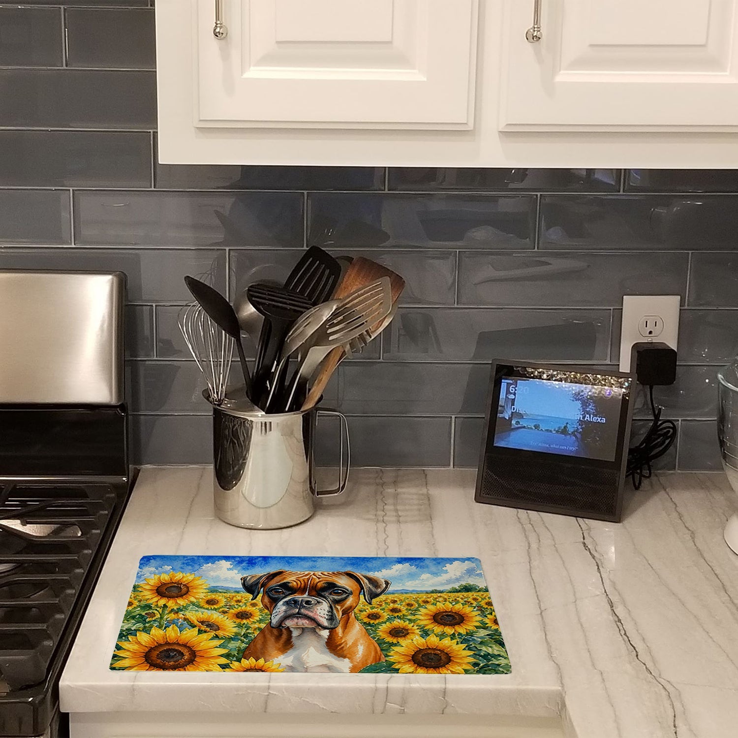 Boxer in Sunflowers Cutting Board Tempered Glass Kitchen Cutting Surface, Heat Resistant Chopping Board with Non-Slip Feet, Decorative Food Prep & Serving