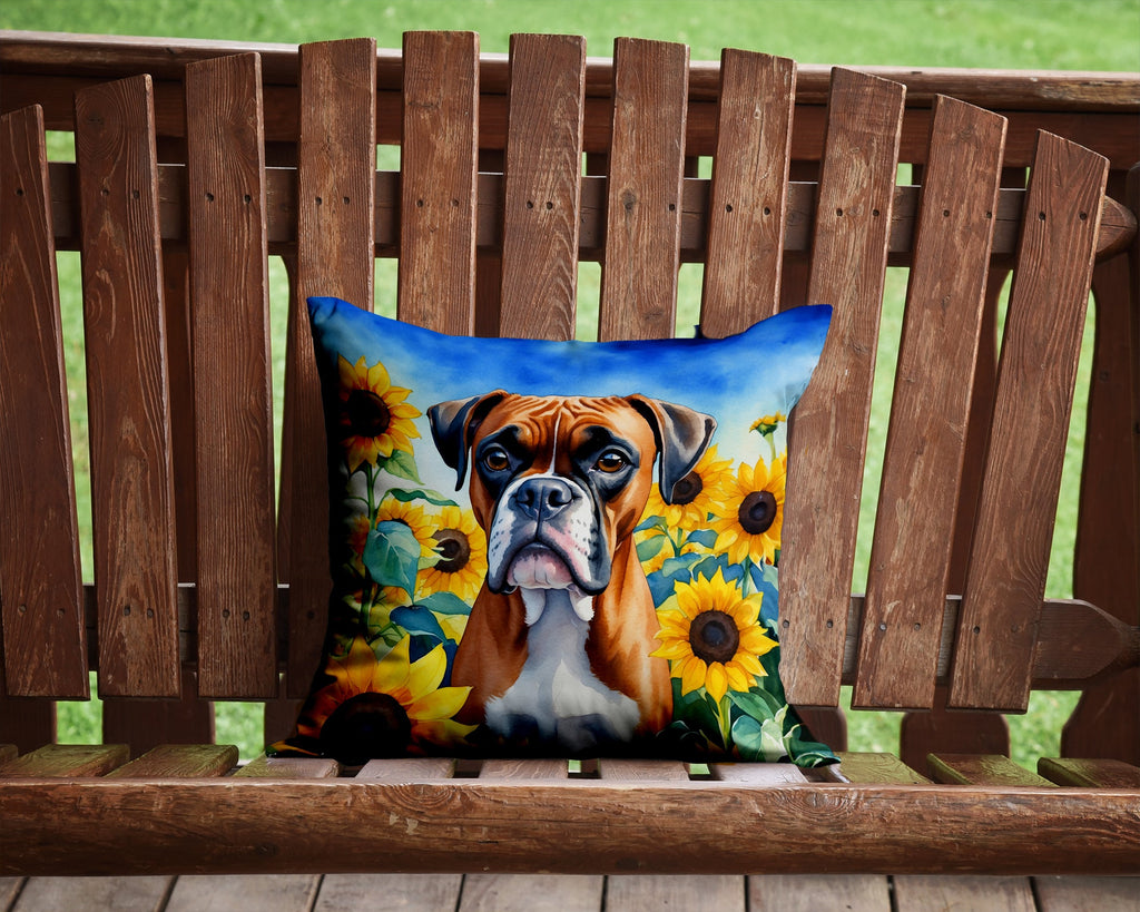 Boxer in Sunflowers Decorative Throw Pillow 14x14 Indoor Outdoor Accent Cushion, Fabric Cover with Insert for Sofa, Bed, Porch & Living Room