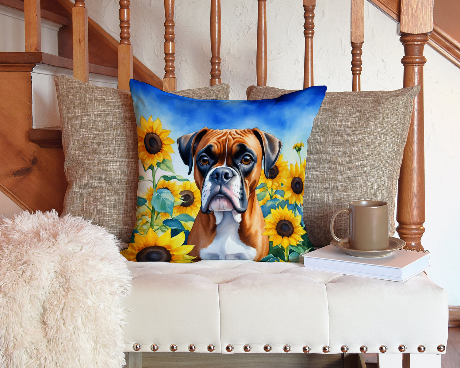 Boxer in Sunflowers Decorative Throw Pillow 14x14 Indoor Outdoor Accent Cushion, Fabric Cover with Insert for Sofa, Bed, Porch & Living Room