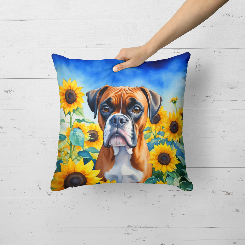 Boxer in Sunflowers Decorative Throw Pillow 18x18 Indoor Outdoor Accent Cushion, Fabric Cover with Insert for Sofa, Bed, Porch & Living Room