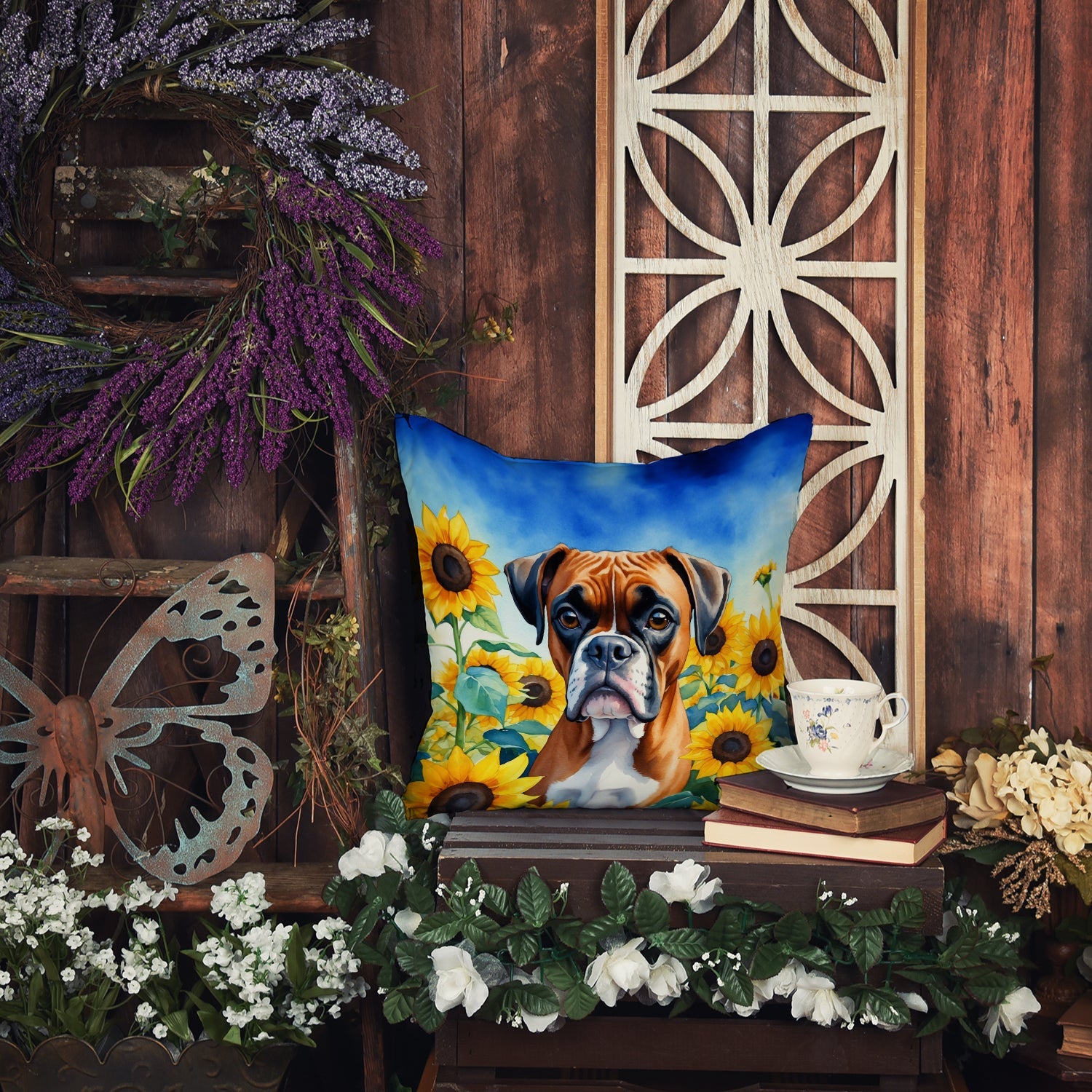 Boxer in Sunflowers Decorative Throw Pillow 18x18 Indoor Outdoor Accent Cushion, Fabric Cover with Insert for Sofa, Bed, Porch & Living Room