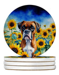 Boxer in Sunflowers Large Sandstone Coasters Pack of 4 Absorbent Round Coasters Decor Gifts for Men or Women, 4 in, Multicolor