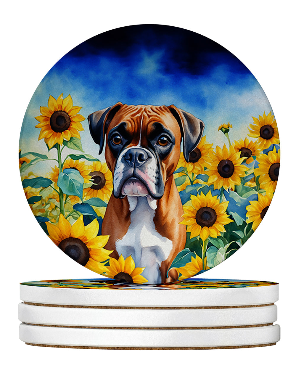 Boxer in Sunflowers Large Sandstone Coasters Pack of 4 Absorbent Round Coasters Decor Gifts for Men or Women, 4 in, Multicolor