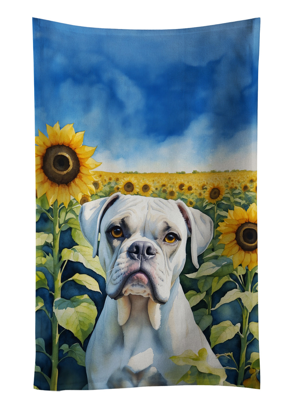 Boxer in Sunflowers Kitchen Towel Velour Plush Front and Cotton Loop Back Machine Washable
