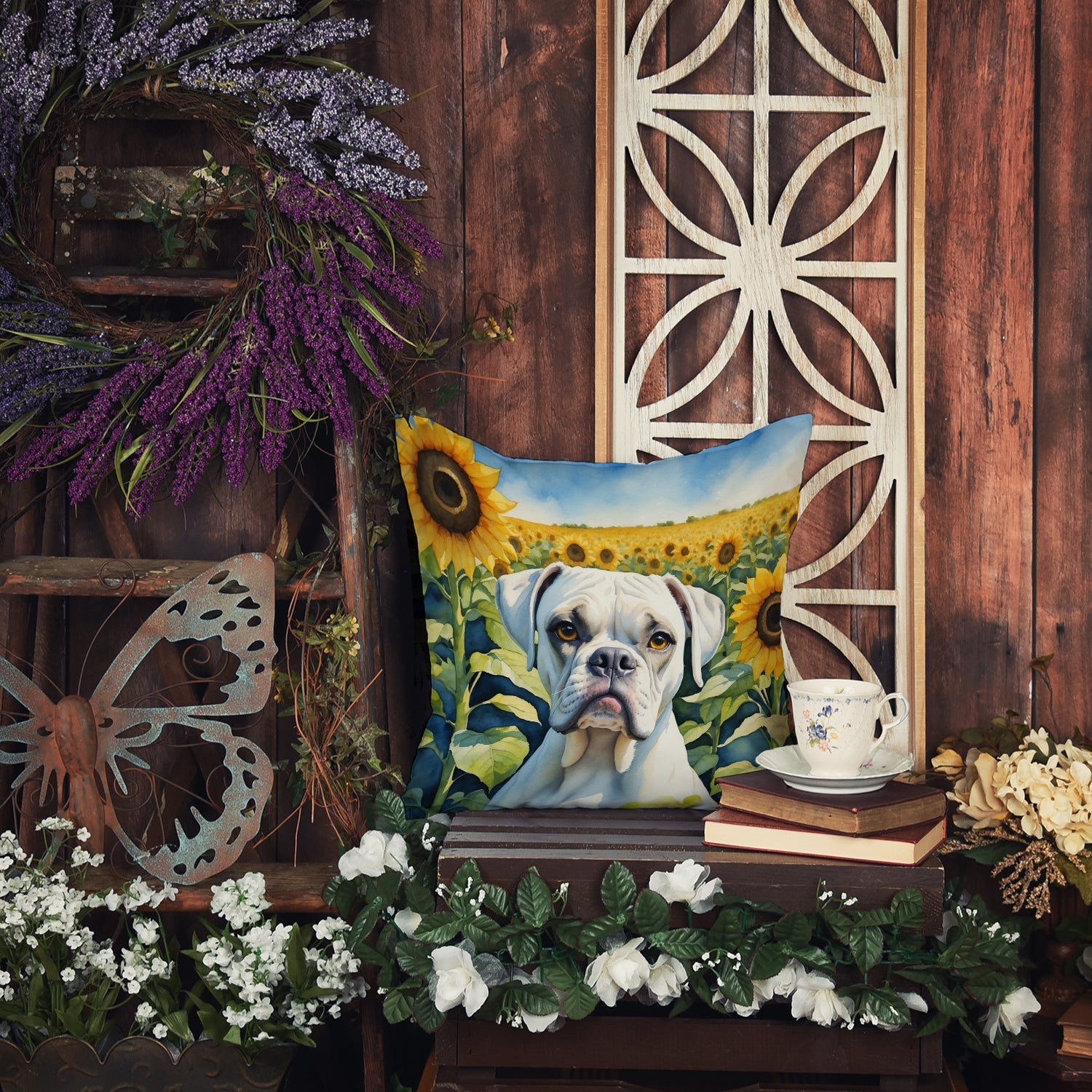Boxer in Sunflowers Decorative Throw Pillow 14x14 Indoor Outdoor Accent Cushion, Fabric Cover with Insert for Sofa, Bed, Porch & Living Room