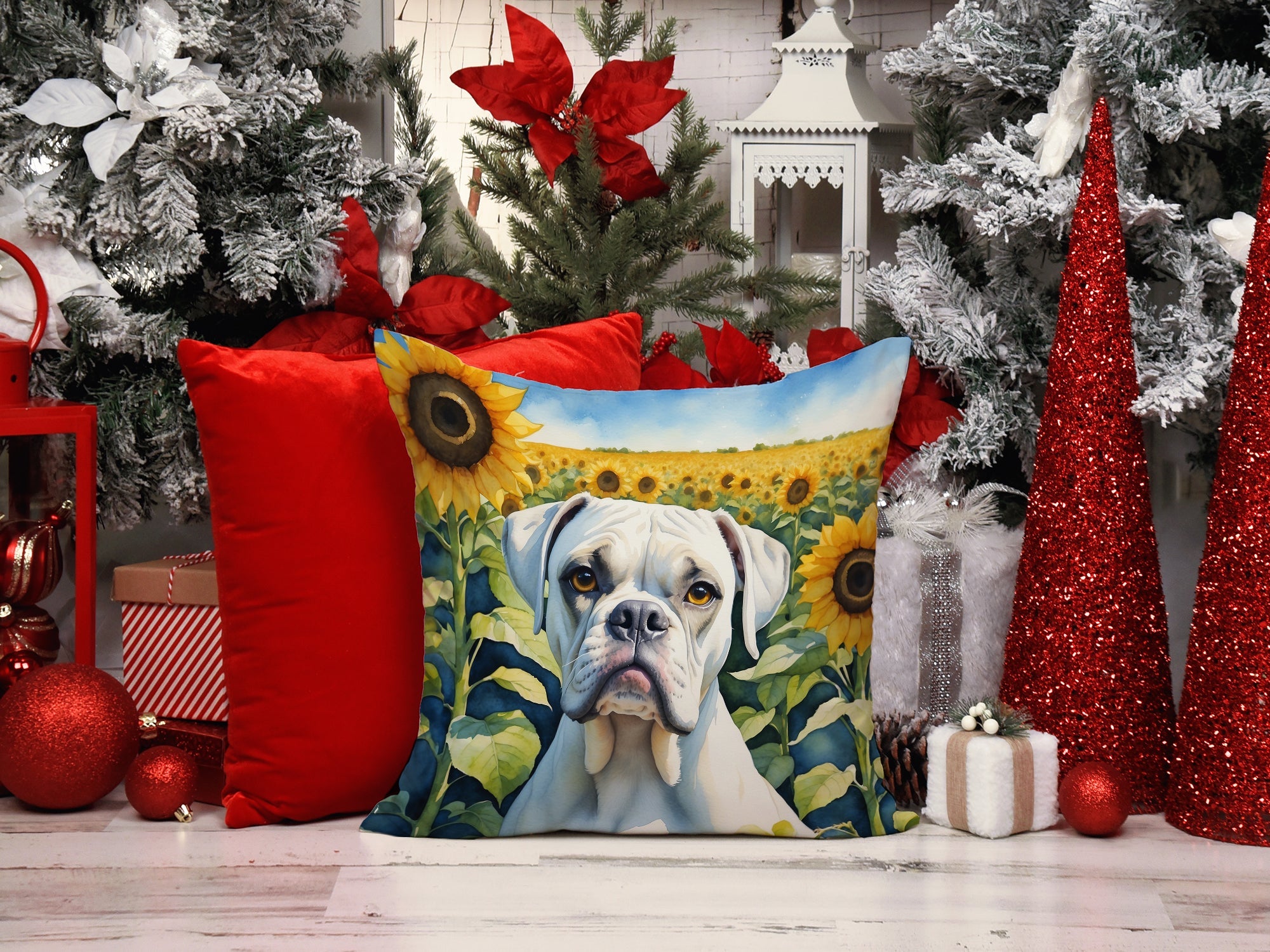 Boxer in Sunflowers Decorative Throw Pillow 14x14 Indoor Outdoor Accent Cushion, Fabric Cover with Insert for Sofa, Bed, Porch & Living Room
