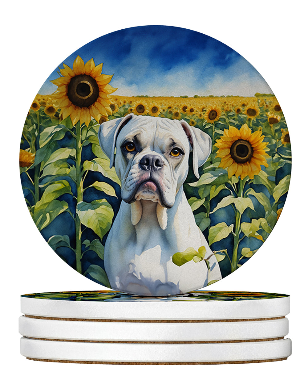 Boxer in Sunflowers Large Sandstone Coasters Pack of 4 Absorbent Round Coasters Decor Gifts for Men or Women, 4 in, Multicolor