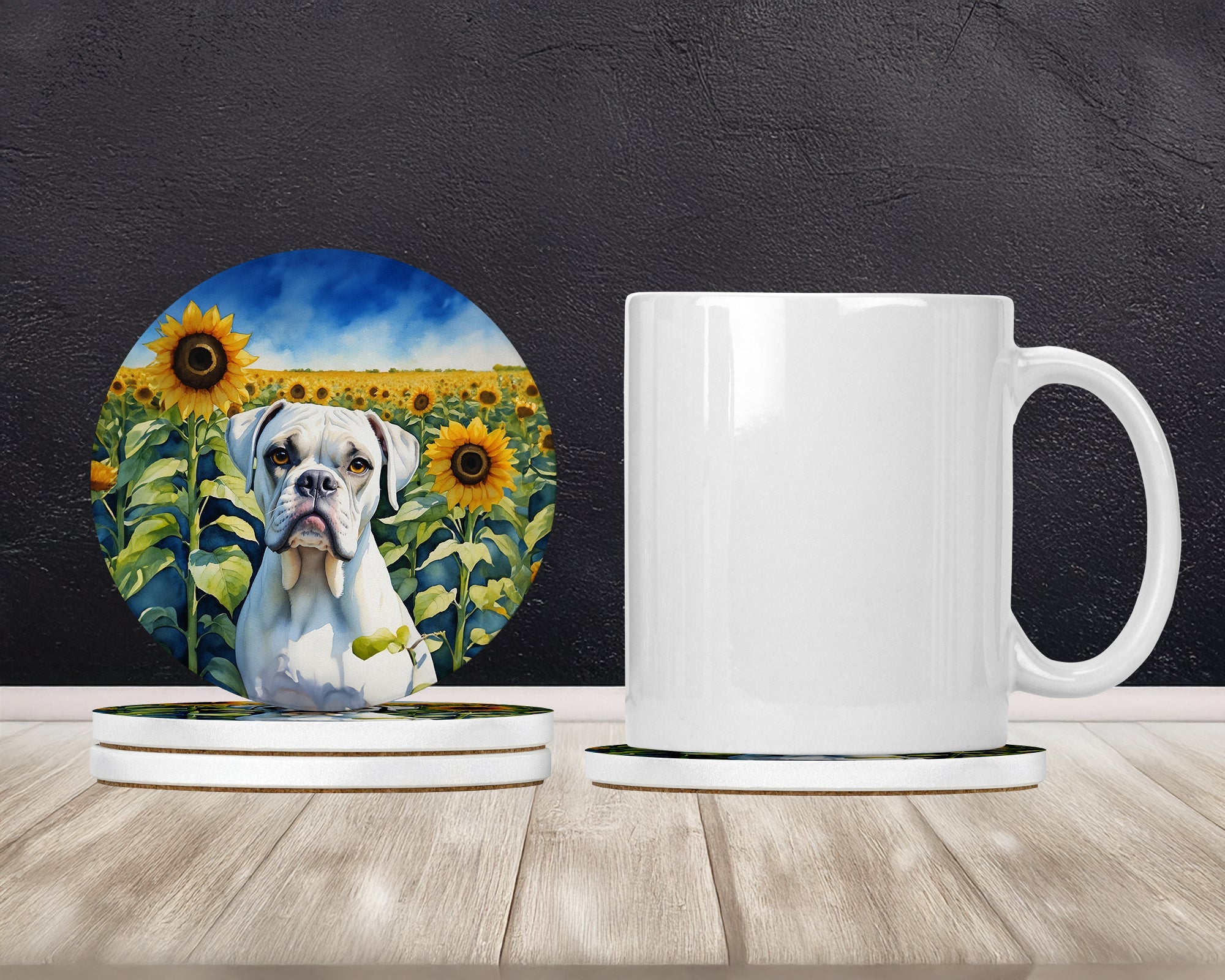 Boxer in Sunflowers Large Sandstone Coasters Pack of 4 Absorbent Round Coasters Decor Gifts for Men or Women, 4 in, Multicolor