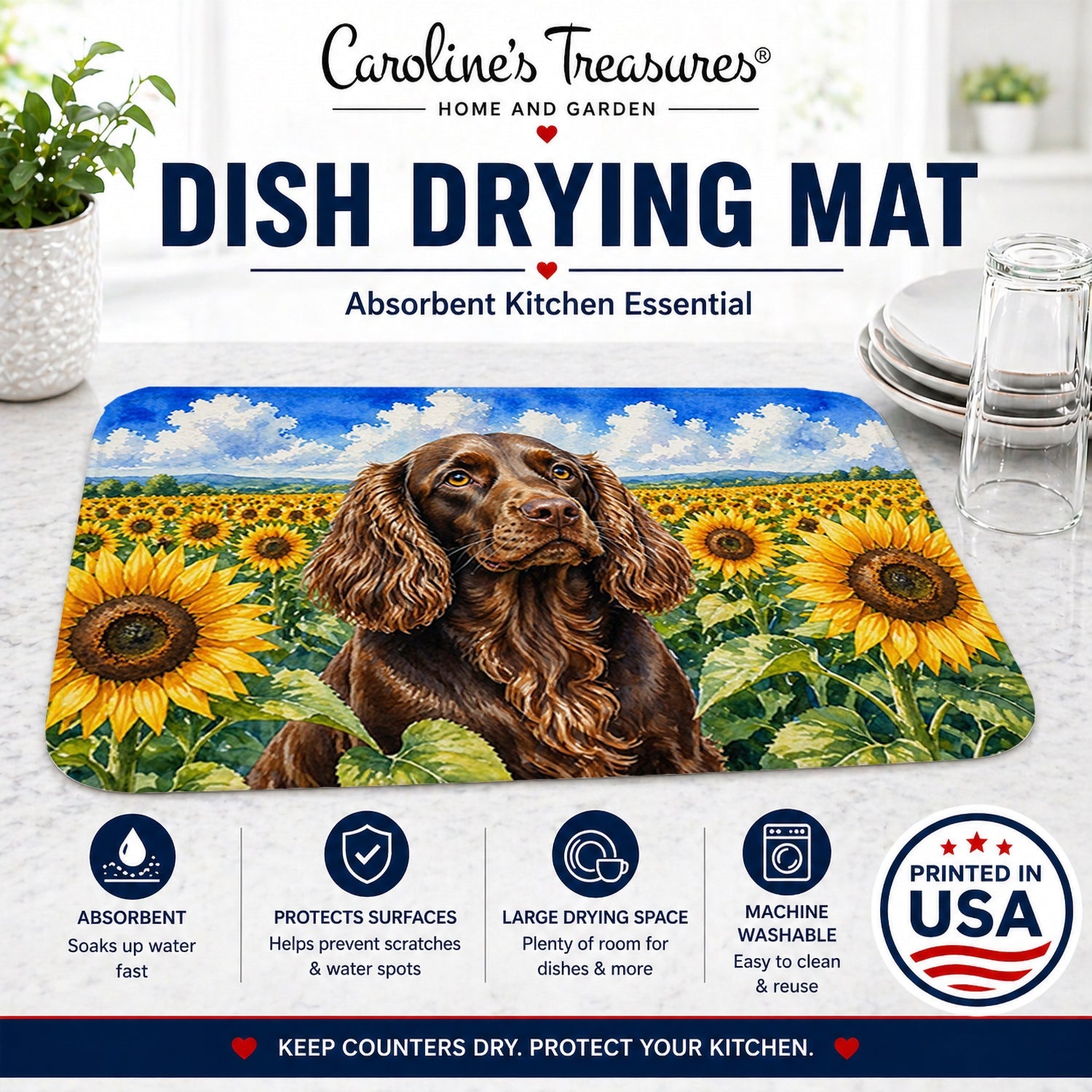 Boykin Spaniel in Sunflowers Dish Drying Mat Absorbent Dish Drying Mat Pad for Kitchen Counter Dish Drainer Mat for Countertop, 14 x 21", Multicolor