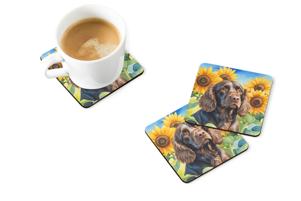Boykin Spaniel in Sunflowers Foam Coasters Set of 4 Cup Coasters for Indoor Outdoor, Tabletop Protection, Anti Slip, Mouse pad Material