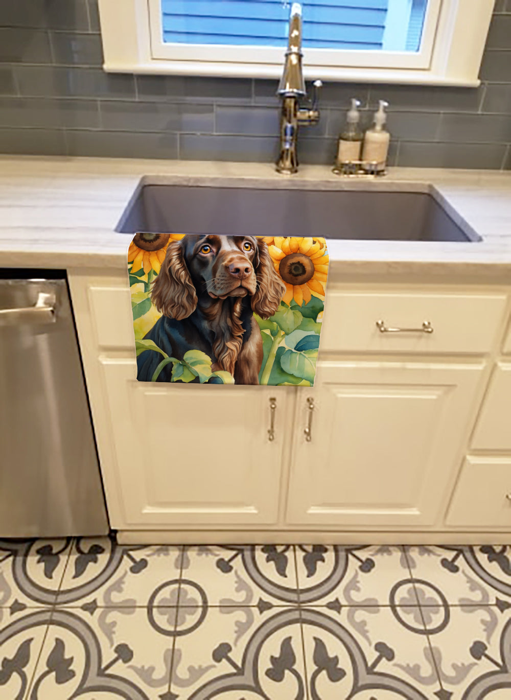 Boykin Spaniel in Sunflowers Kitchen Towel Velour Plush Front and Cotton Loop Back Machine Washable