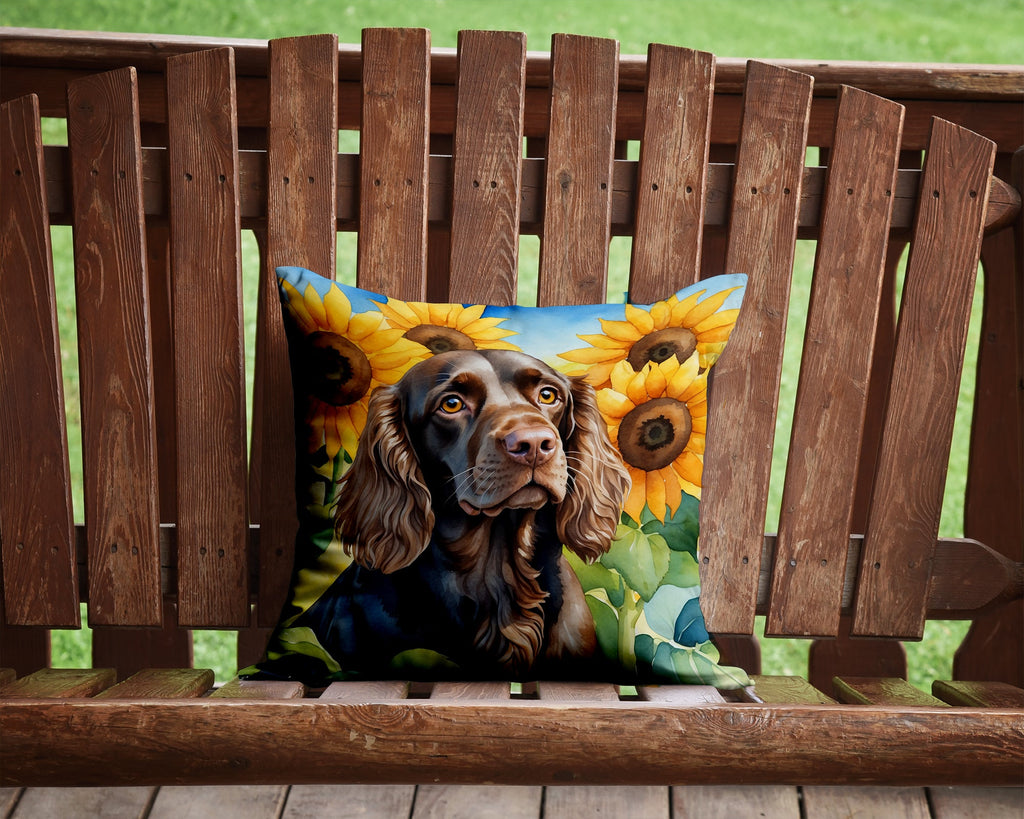 Boykin Spaniel in Sunflowers Decorative Throw Pillow 14x14 Indoor Outdoor Accent Cushion, Fabric Cover with Insert for Sofa, Bed, Porch & Living Room