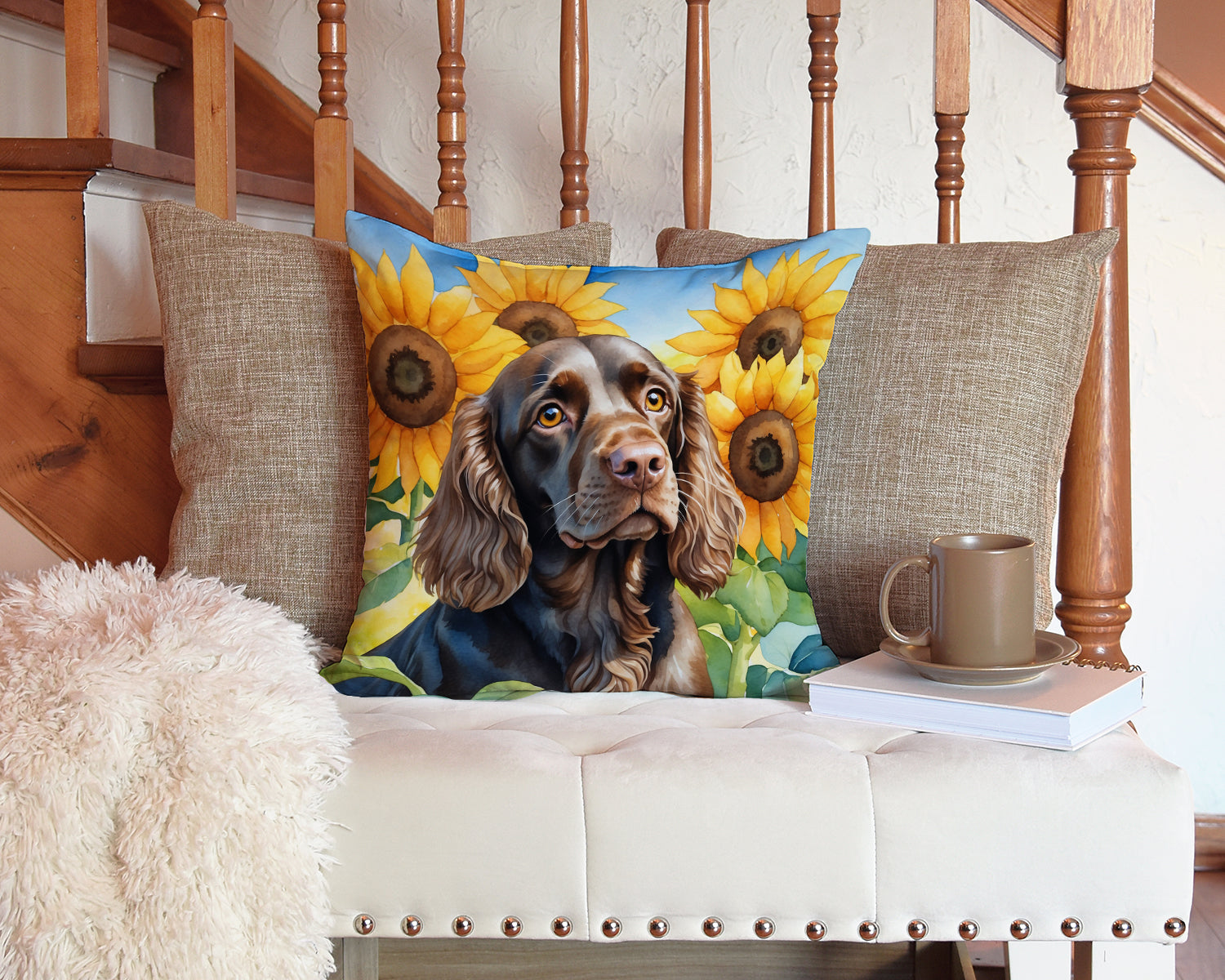 Boykin Spaniel in Sunflowers Decorative Throw Pillow 14x14 Indoor Outdoor Accent Cushion, Fabric Cover with Insert for Sofa, Bed, Porch & Living Room