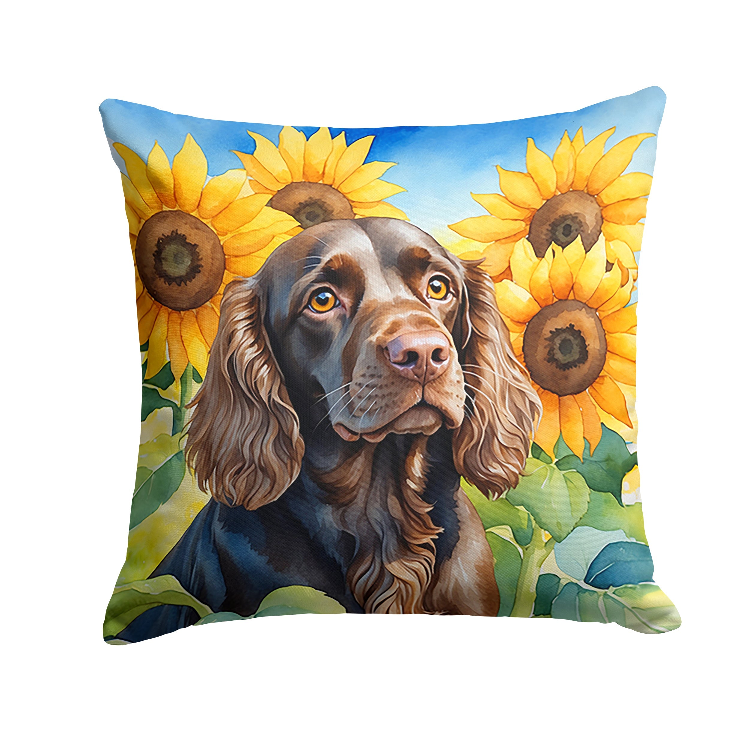 Boykin Spaniel in Sunflowers Decorative Throw Pillow 18x18 Indoor Outdoor Accent Cushion, Fabric Cover with Insert for Sofa, Bed, Porch & Living Room
