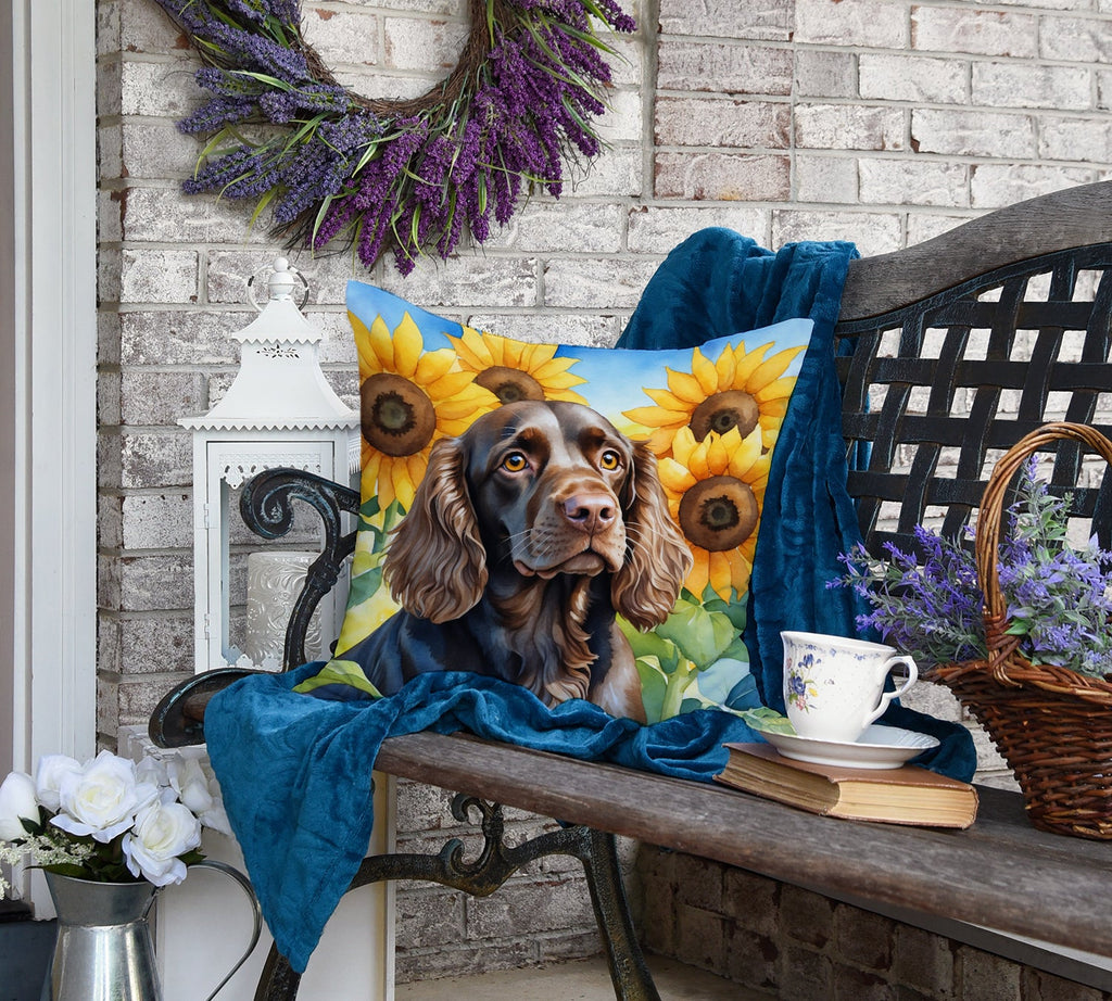 Boykin Spaniel in Sunflowers Decorative Throw Pillow 18x18 Indoor Outdoor Accent Cushion, Fabric Cover with Insert for Sofa, Bed, Porch & Living Room