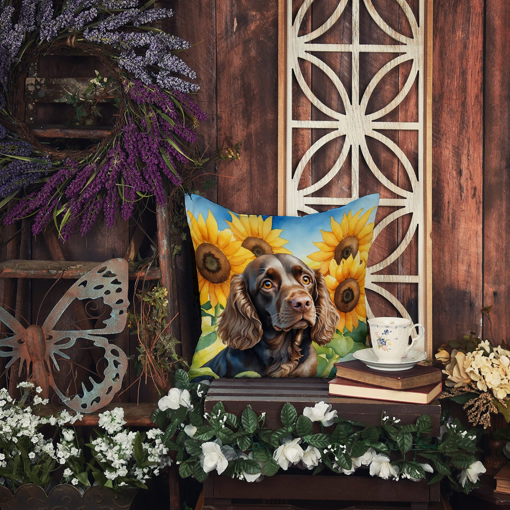 Boykin Spaniel in Sunflowers Decorative Throw Pillow 18x18 Indoor Outdoor Accent Cushion, Fabric Cover with Insert for Sofa, Bed, Porch & Living Room