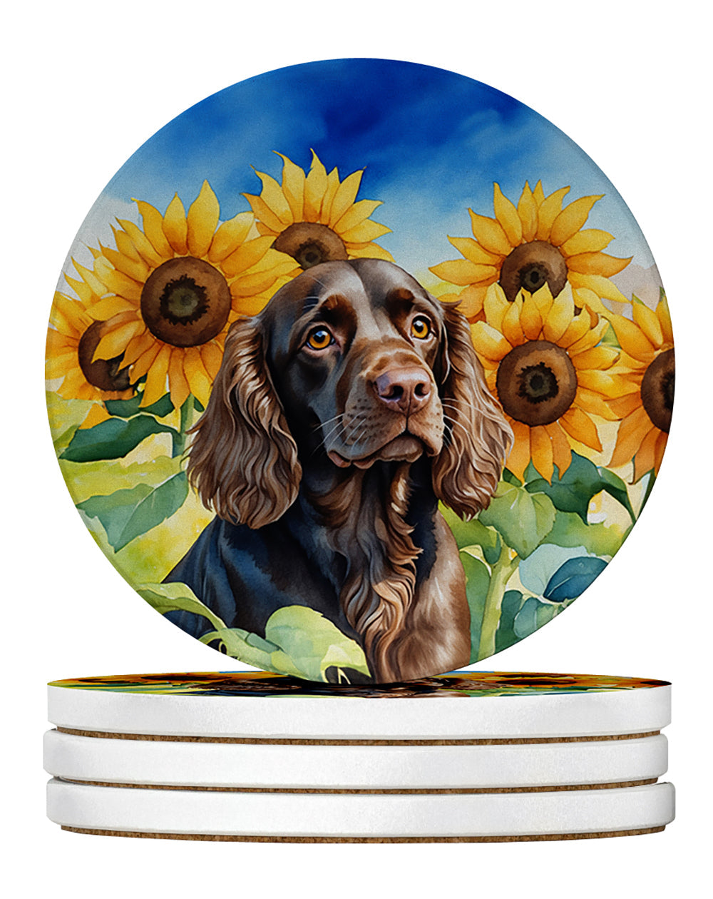 Boykin Spaniel in Sunflowers Large Sandstone Coasters Pack of 4 Absorbent Round Coasters Decor Gifts for Men or Women, 4 in, Multicolor