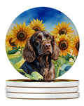 Boykin Spaniel in Sunflowers Large Sandstone Coasters Pack of 4 Absorbent Round Coasters Decor Gifts for Men or Women, 4 in, Multicolor