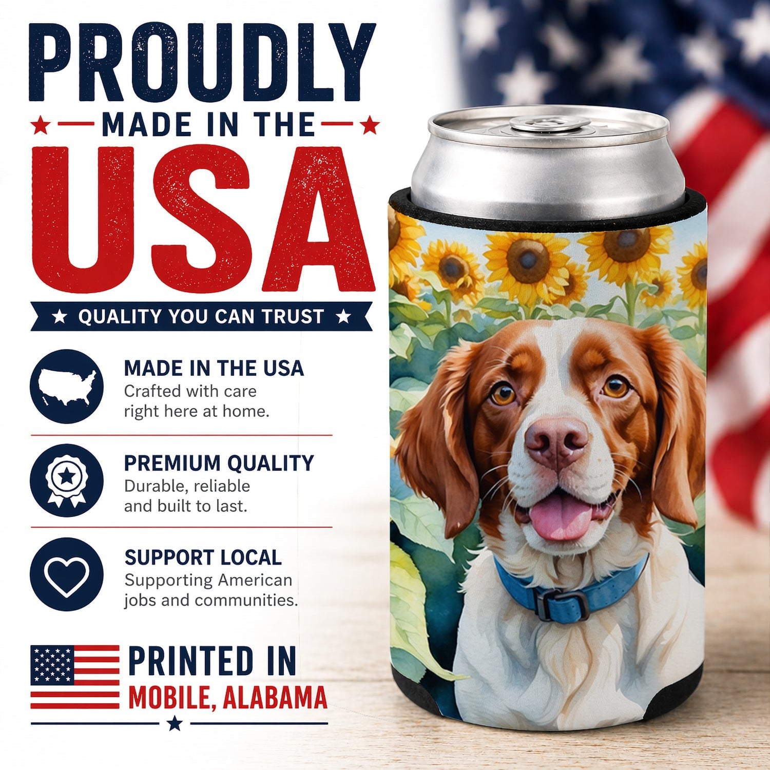 Brittany Spaniel in Sunflowers Can or Bottle Hugger Cooler Sleeve for Standard 12 oz Cans, Insulated Foam Beer & Soda Can Hugger Reusable