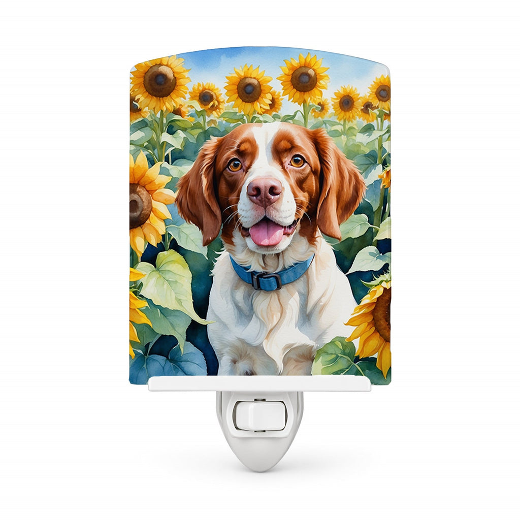 Brittany Spaniel in Sunflowers Ceramic Night Light Compact, UL-Certified, Ideal for Bedroom, Bathroom, Nursery, Hallway, Kitchen, 6x4x3, Multicolor