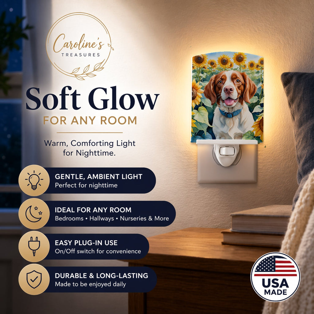 Brittany Spaniel in Sunflowers Ceramic Night Light Compact, UL-Certified, Ideal for Bedroom, Bathroom, Nursery, Hallway, Kitchen, 6x4x3, Multicolor