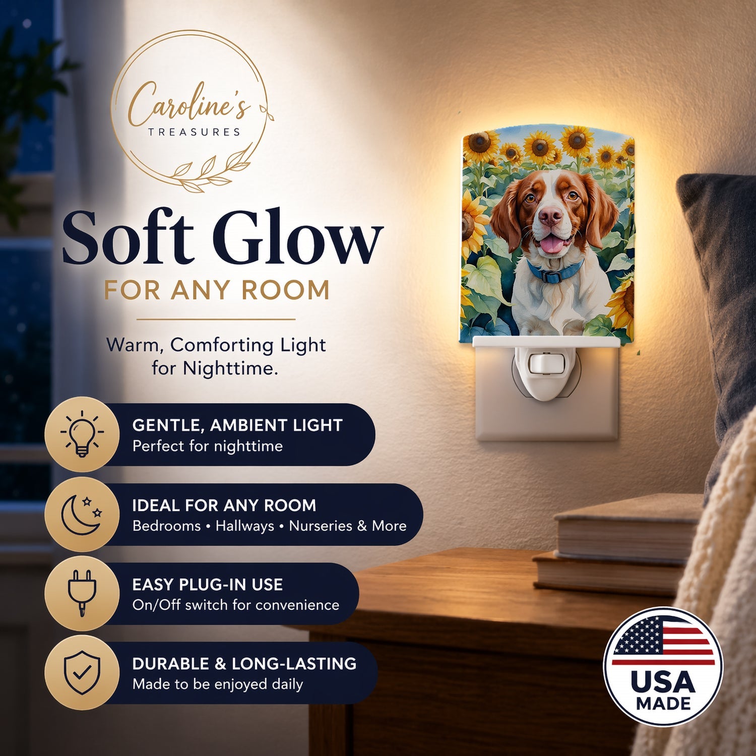 Brittany Spaniel in Sunflowers Ceramic Night Light Compact, UL-Certified, Ideal for Bedroom, Bathroom, Nursery, Hallway, Kitchen, 6x4x3, Multicolor