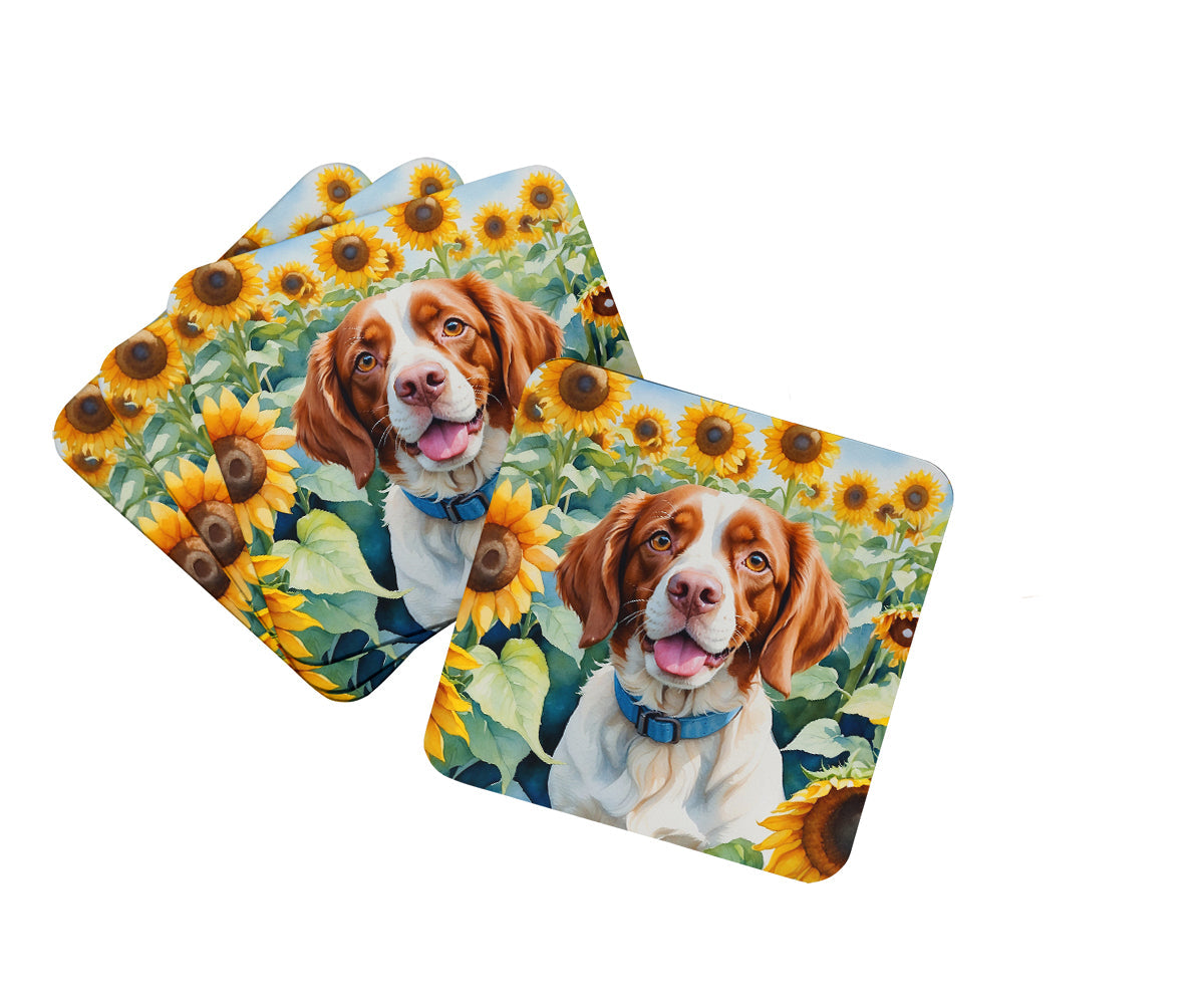 Brittany Spaniel in Sunflowers Foam Coasters Set of 4 Cup Coasters for Indoor Outdoor, Tabletop Protection, Anti Slip, Mouse pad Material