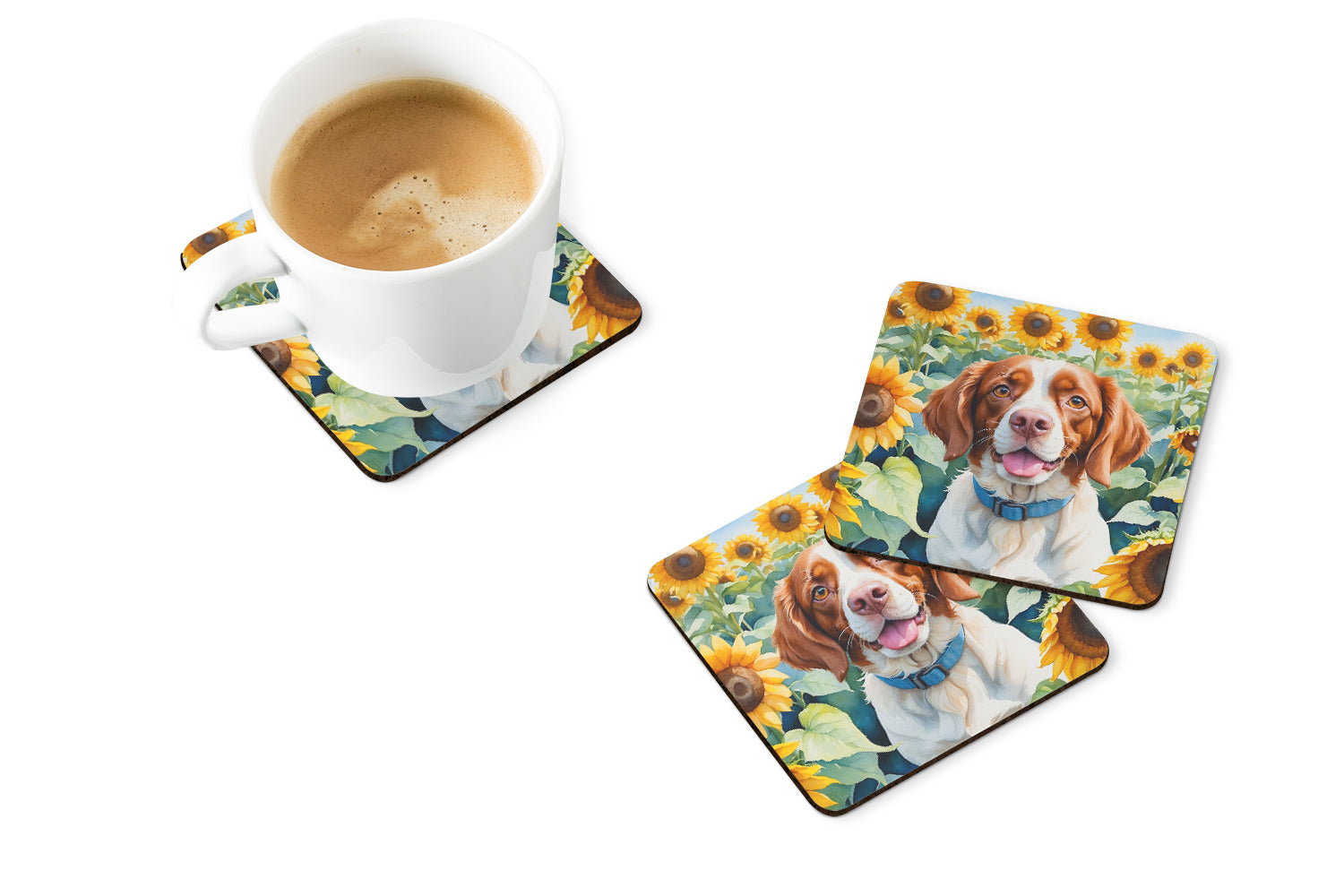 Brittany Spaniel in Sunflowers Foam Coasters Set of 4 Cup Coasters for Indoor Outdoor, Tabletop Protection, Anti Slip, Mouse pad Material