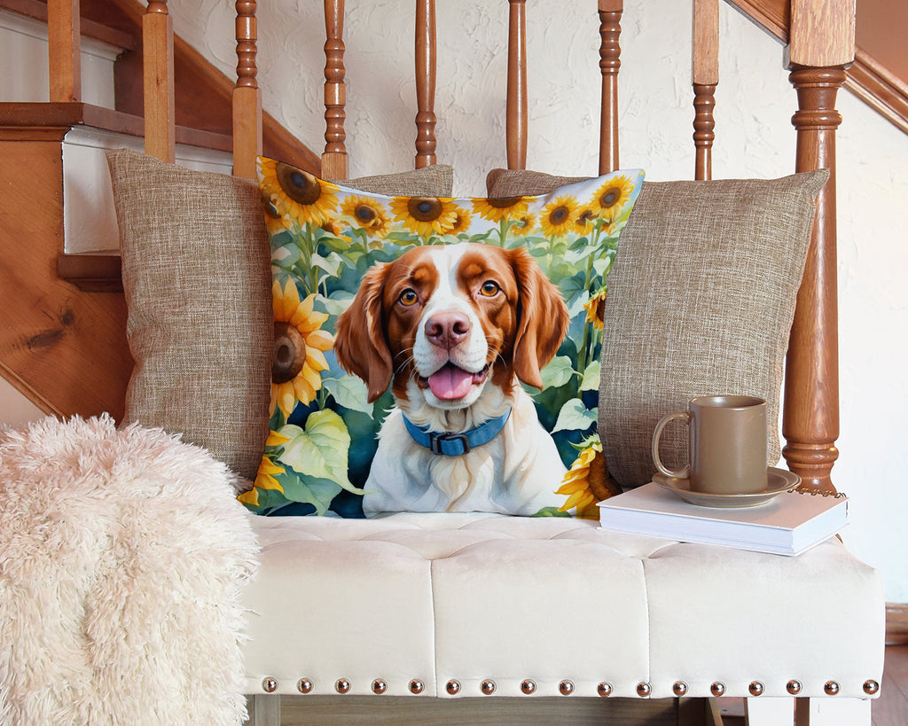 Brittany Spaniel in Sunflowers Decorative Throw Pillow 14x14 Indoor Outdoor Accent Cushion, Fabric Cover with Insert for Sofa, Bed, Porch & Living Room