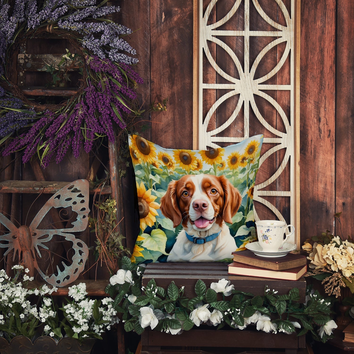 Brittany Spaniel in Sunflowers Decorative Throw Pillow 14x14 Indoor Outdoor Accent Cushion, Fabric Cover with Insert for Sofa, Bed, Porch & Living Room