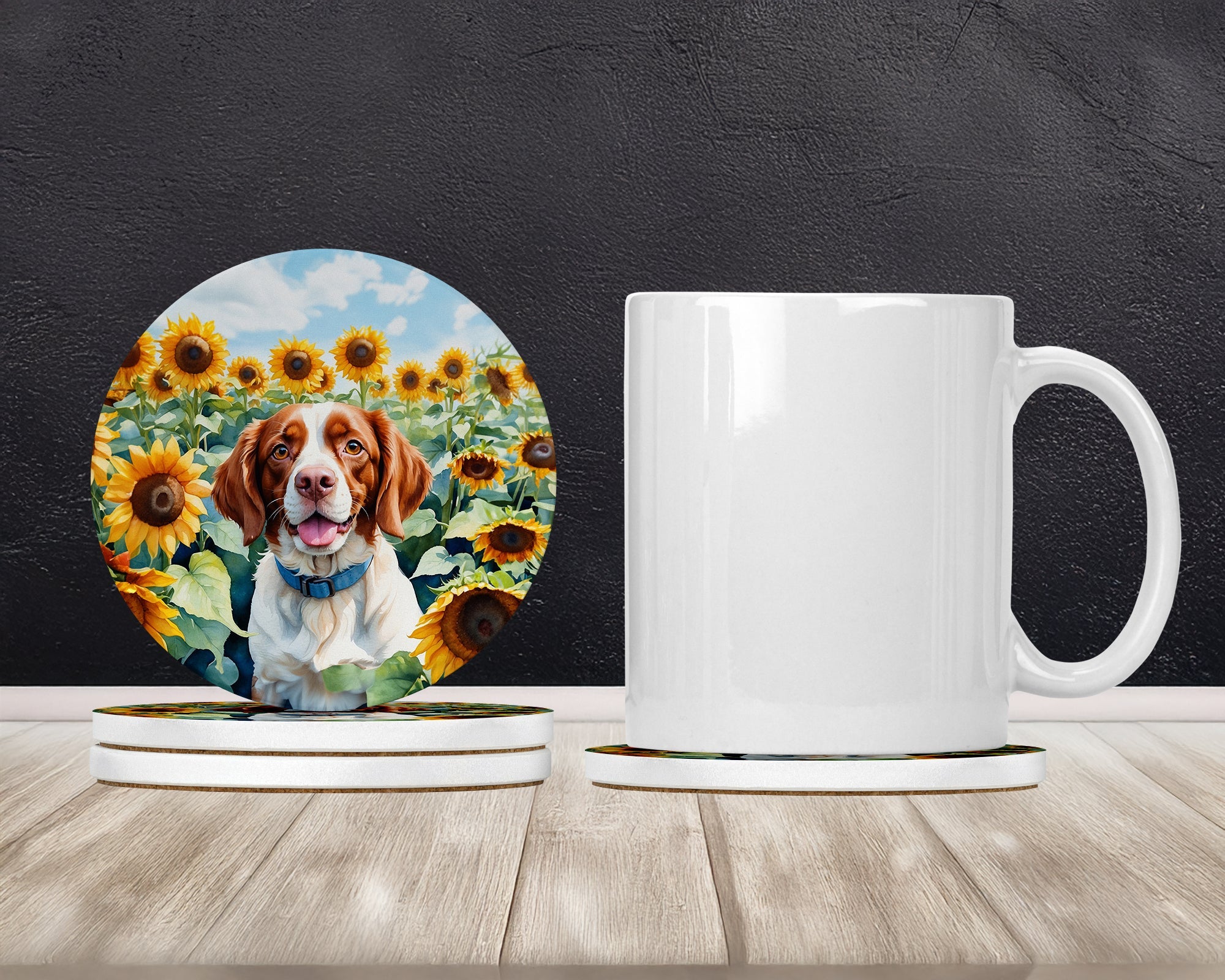 Brittany Spaniel in Sunflowers Large Sandstone Coasters Pack of 4 Absorbent Round Coasters Decor Gifts for Men or Women, 4 in, Multicolor