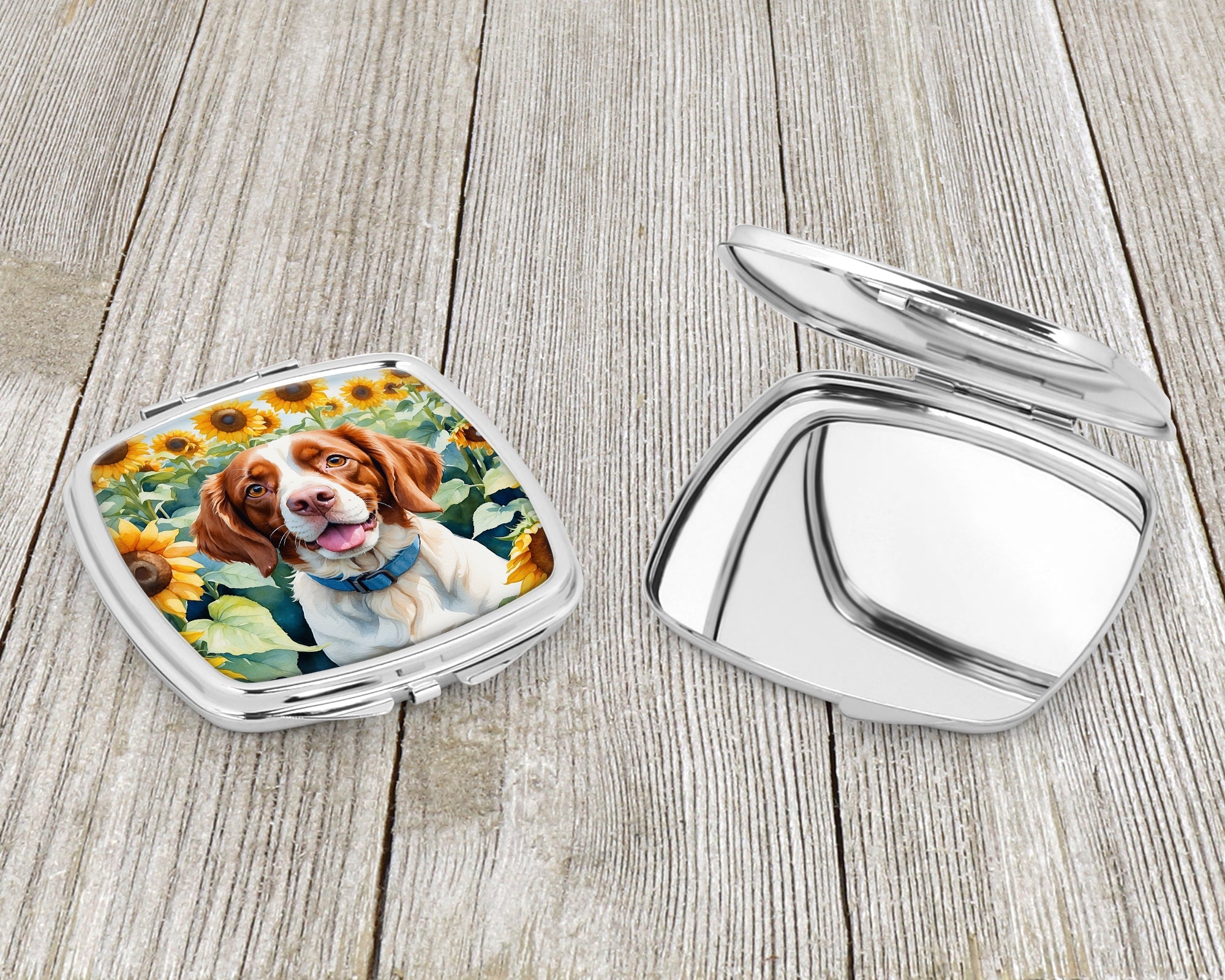 Brittany Spaniel in Sunflowers Compact Mirror Decorative Travel Makeup Mirror for Women Girls Gifts Pocket Makeup Mirror Folding Handheld